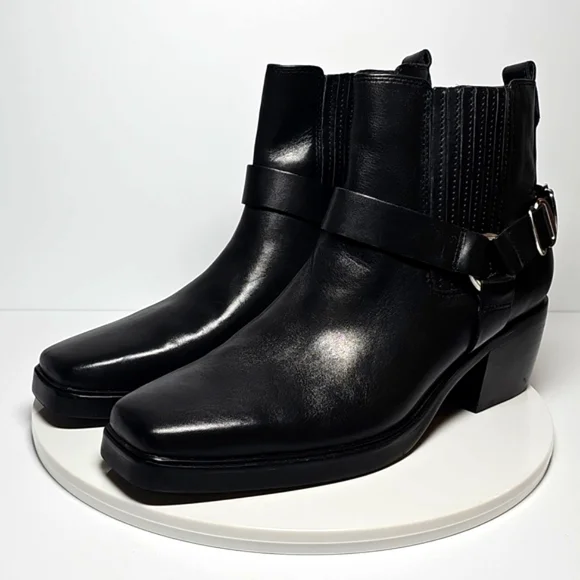 ​NWOT Sam Edelman Bellamie Black Leather Moto Bootie Cowgirl Chunky Heel 9.5 - Picture 9 of 15